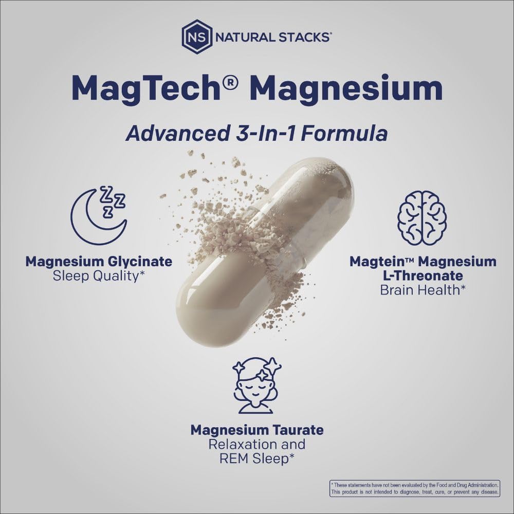 Magnesium Magtein L-Threonate, Glycinate & Taurate – 200mg Chelated Magnesium Complex – MagTech Magnesium Supplement for Relaxation & Brain Health – 90 Capsules