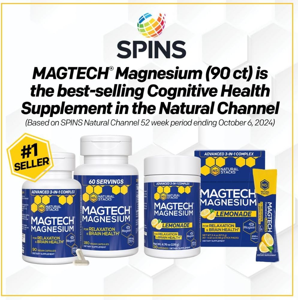 Magnesium Magtein L-Threonate, Glycinate & Taurate – 200mg Chelated Magnesium Complex – MagTech Magnesium Supplement for Relaxation & Brain Health – 90 Capsules