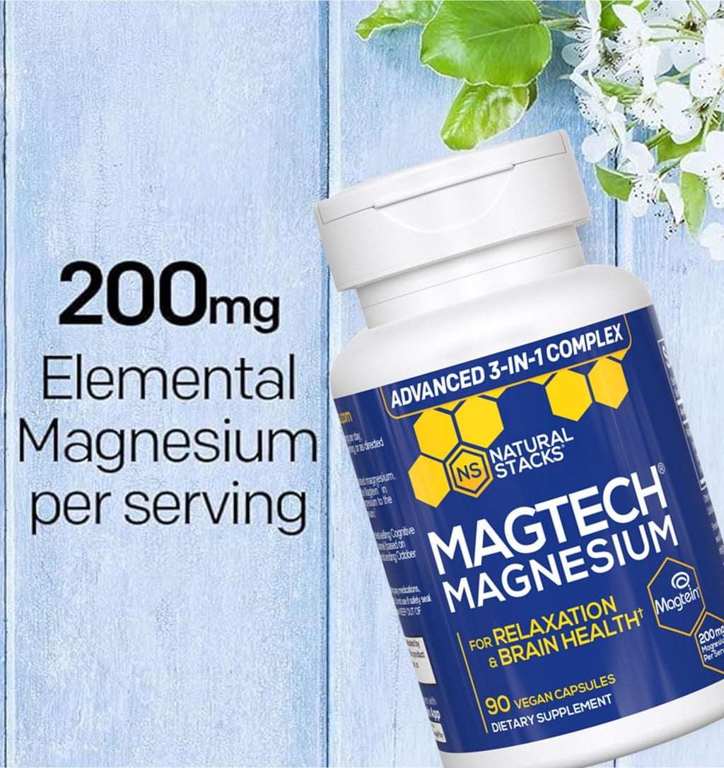Magnesium Magtein L-Threonate, Glycinate & Taurate – 200mg Chelated Magnesium Complex – MagTech Magnesium Supplement for Relaxation & Brain Health – 90 Capsules